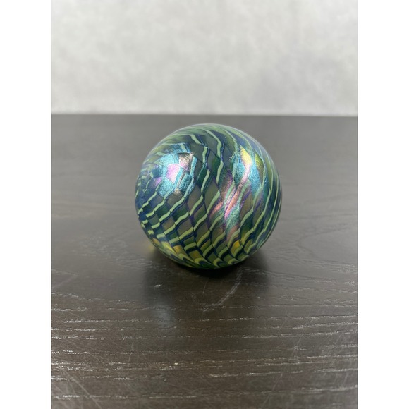 D+L Other - VTG 1984 D+L Signed Iridescent Art Glass Paperweight Green Blue Pulled Feather